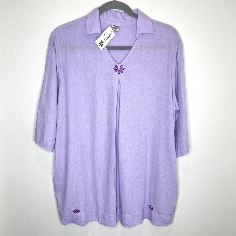 Abrazo Style Linen Top Embroidered Womens Plus 1X 2X Lavender Purple Collar